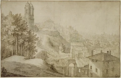 PD.516-1963 Utsikt över Trinita dei Monti, Rom, 1603 (penna och bläck med tvätt)